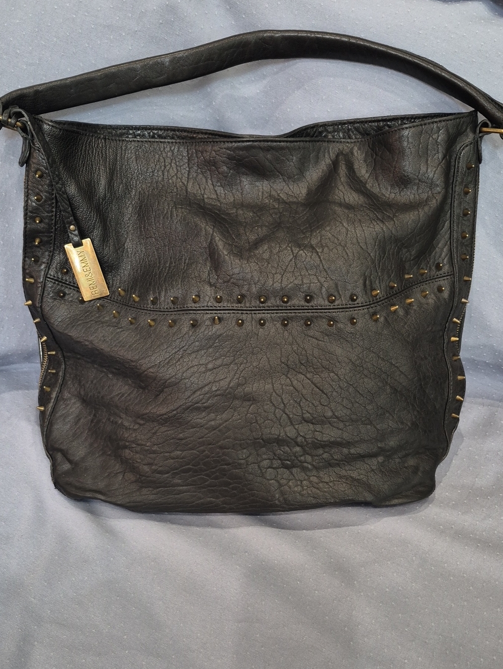Remi & Emmy Purse Black Grain Leather Studded Oversize Shoulder Bag Tote